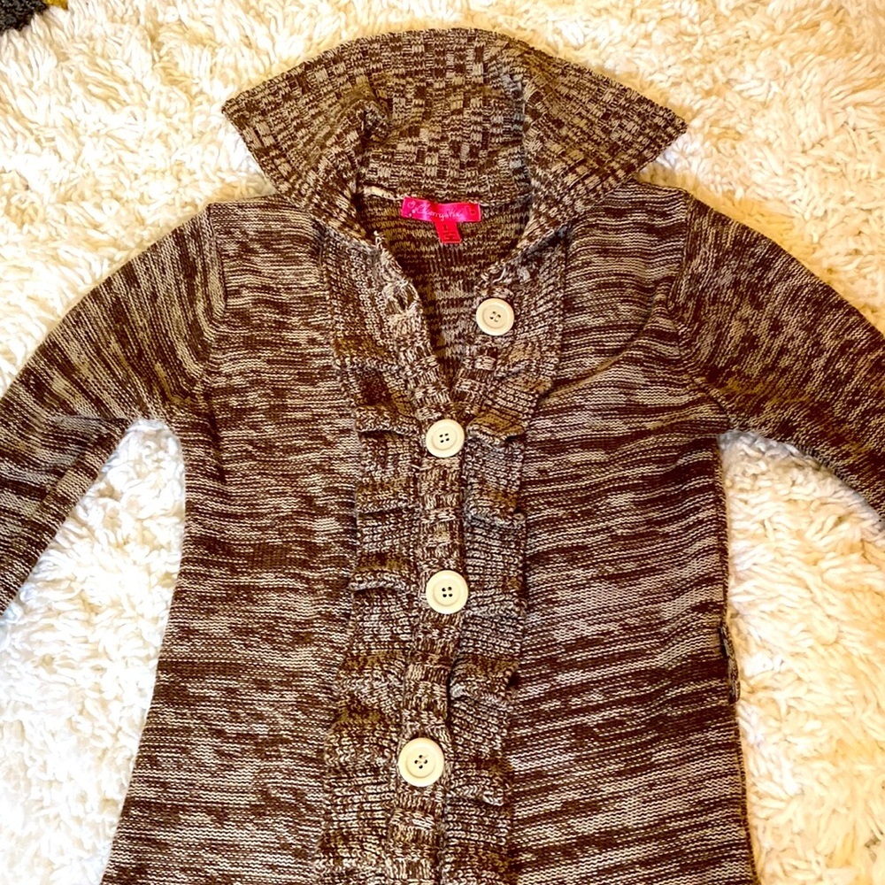CHERRY STIX BROWN & CREAM CARDIGAN SWEATER RUFFLED FRONT Size Large BUTT… - Picture 4 of 14